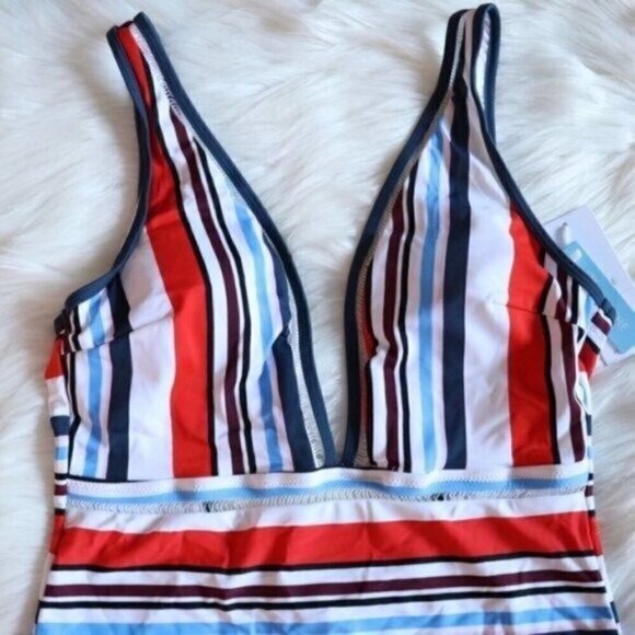NWT Stripe Print One Piece Bathing Suit Size Large White Orange Blue Swimsuit - Picture 2 of 11